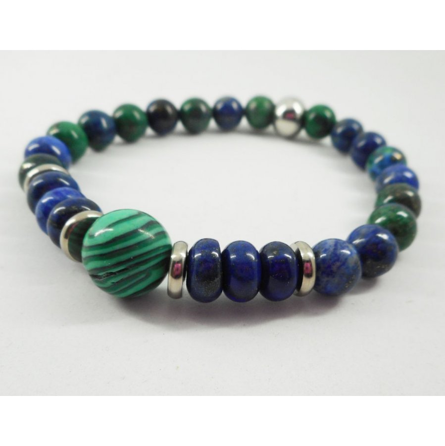 Bracelet en pierres de malachite et Lapis Lazuli avec perles en acier inoxydable