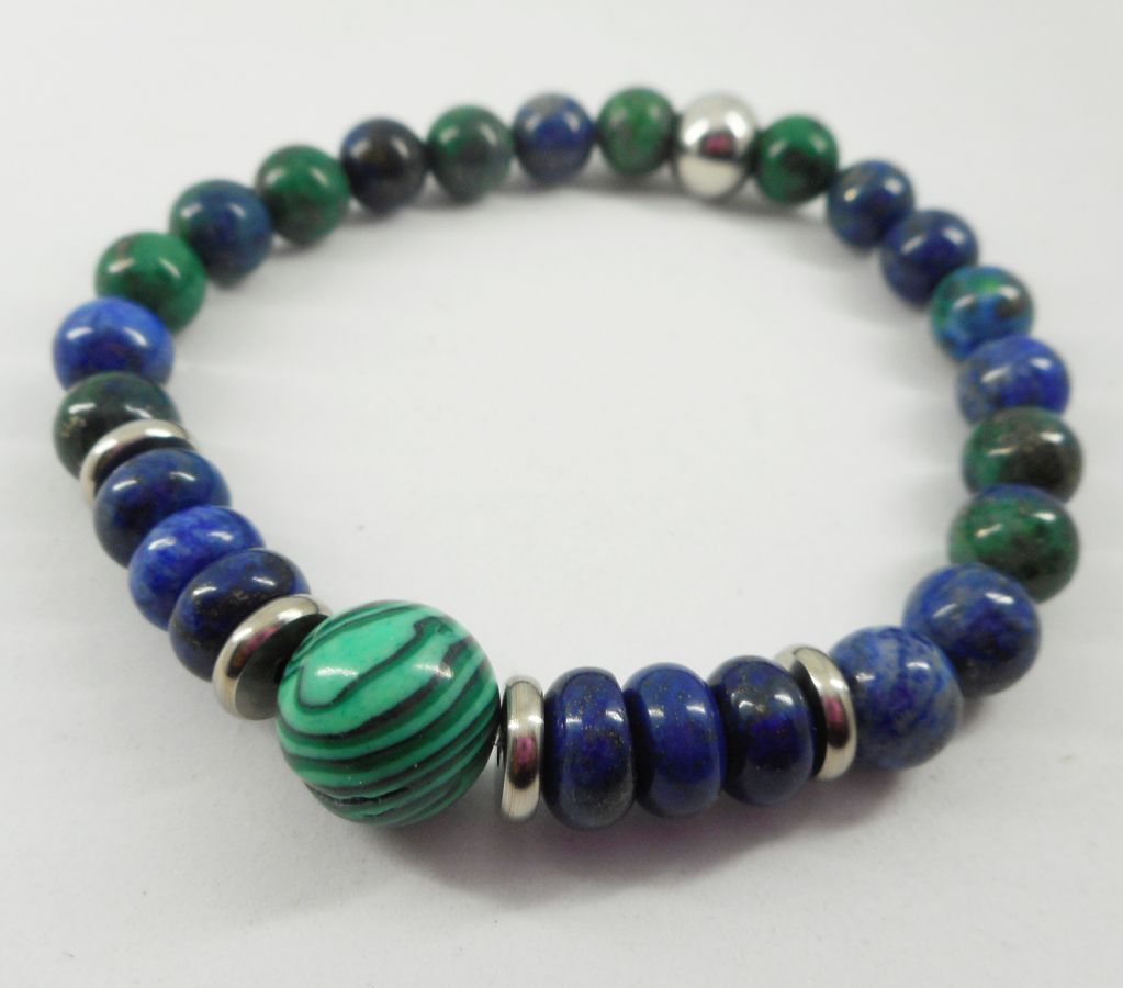Bracelet en pierres de malachite et Lapis Lazuli avec perles en acier inoxydable