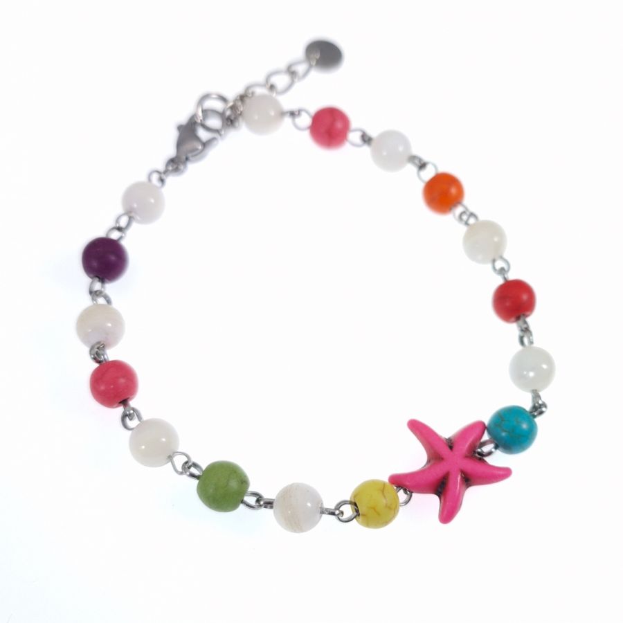 Bracelet en pierres multicolores avec étoile de mer rose