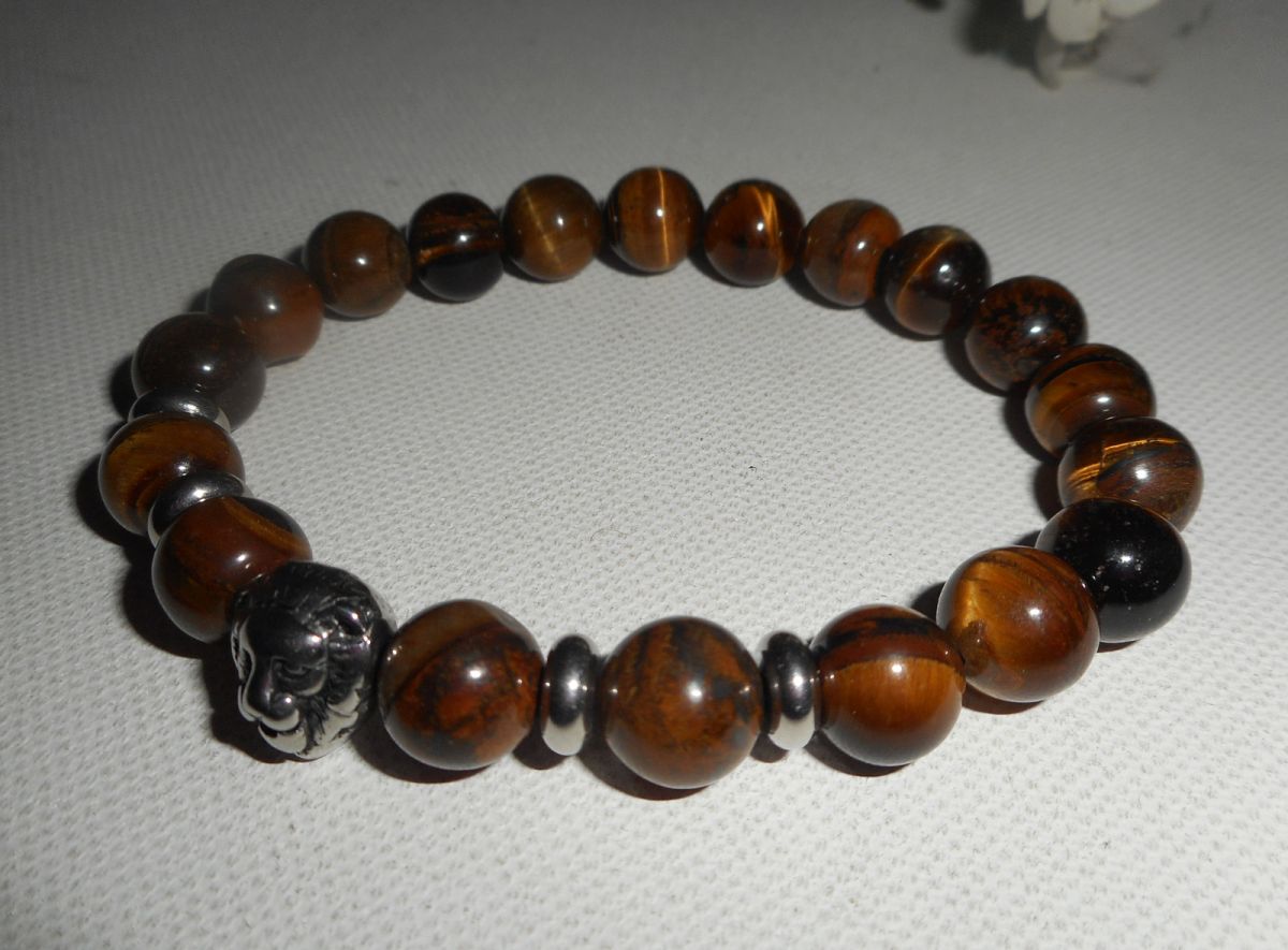 Bracelet en pierres d'oeil de tigre marron et lion en acier inoxydable