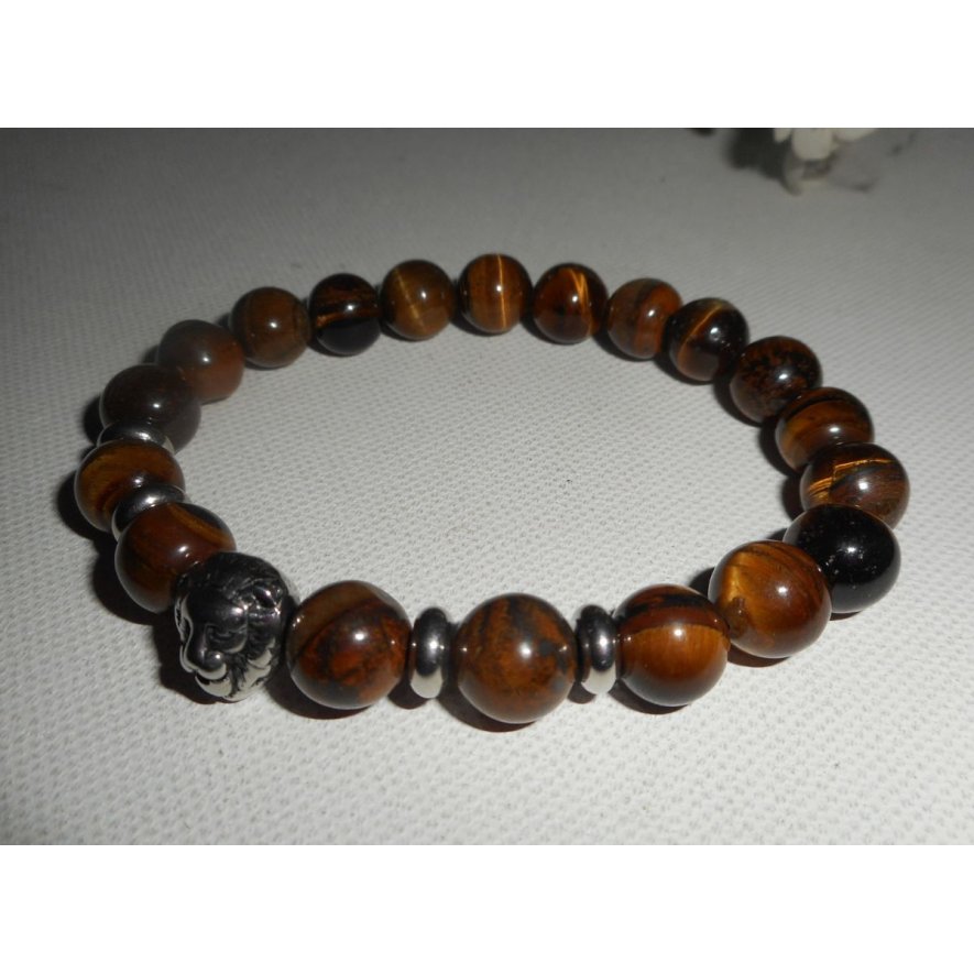 Bracelet en pierres d'oeil de tigre marron et lion en acier inoxydable