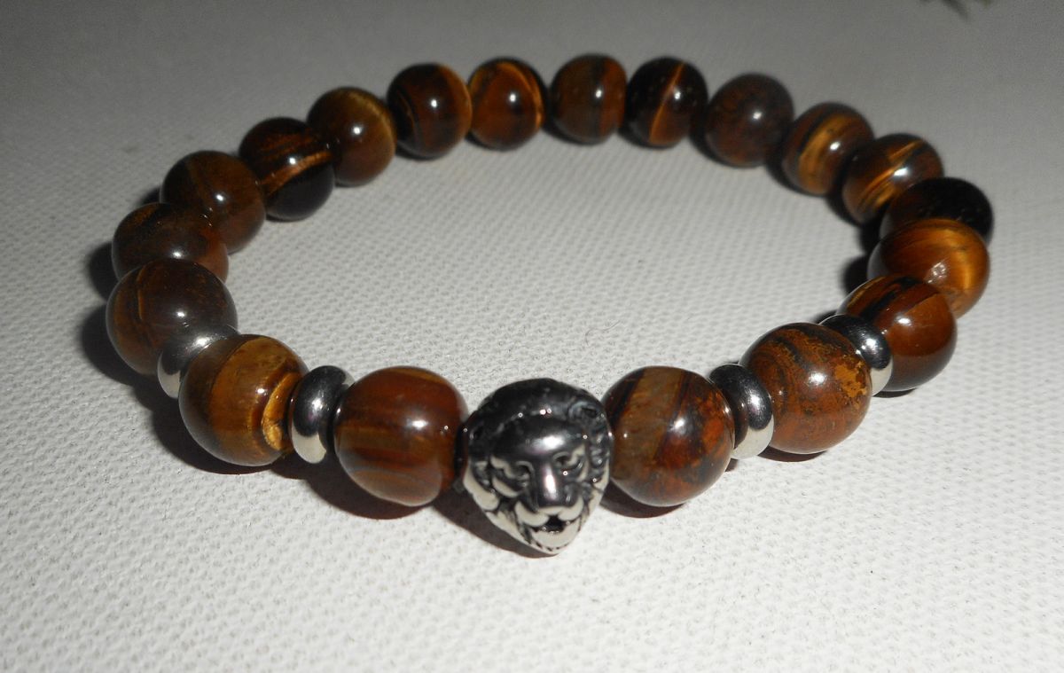 Bracelet en pierres d'oeil de tigre marron et lion en acier inoxydable