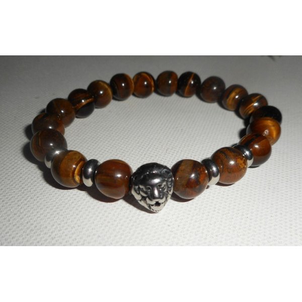 Bracelet en pierres d'oeil de tigre marron et lion en acier inoxydable