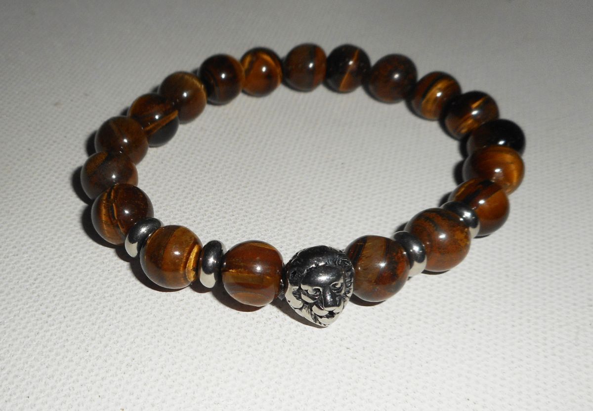 Bracelet en pierres d'oeil de tigre marron et lion en acier inoxydable