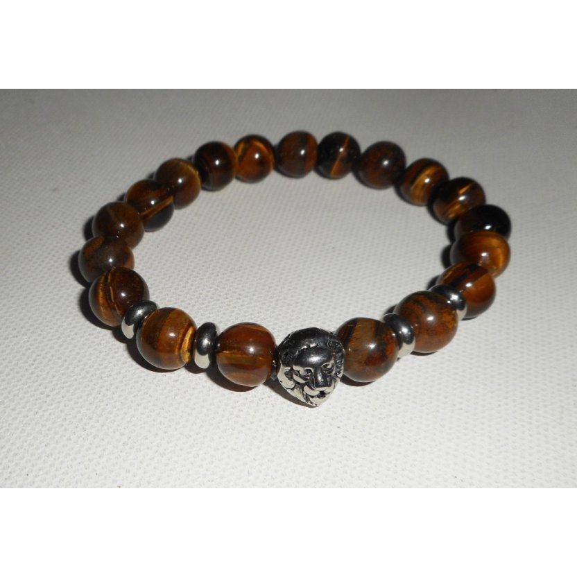 Bracelet en pierres d'oeil de tigre marron et lion en acier inoxydable