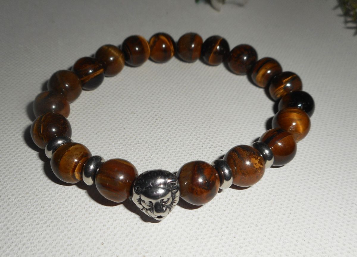 Bracelet en pierres d'oeil de tigre marron et lion en acier inoxydable