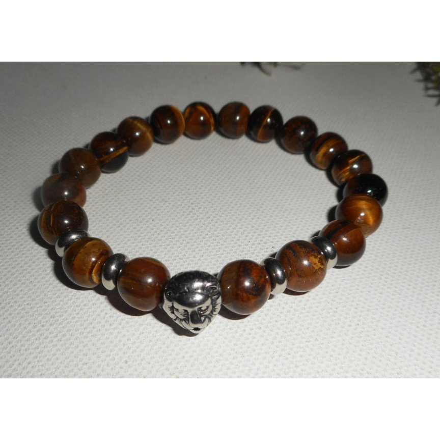 Bracelet en pierres d'oeil de tigre marron et lion en acier inoxydable