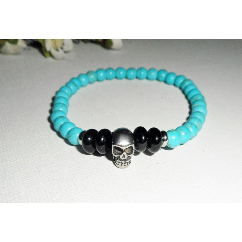 Bracelet en pierres d'onyx et turquoise avec tête de mort en acier inoxydable