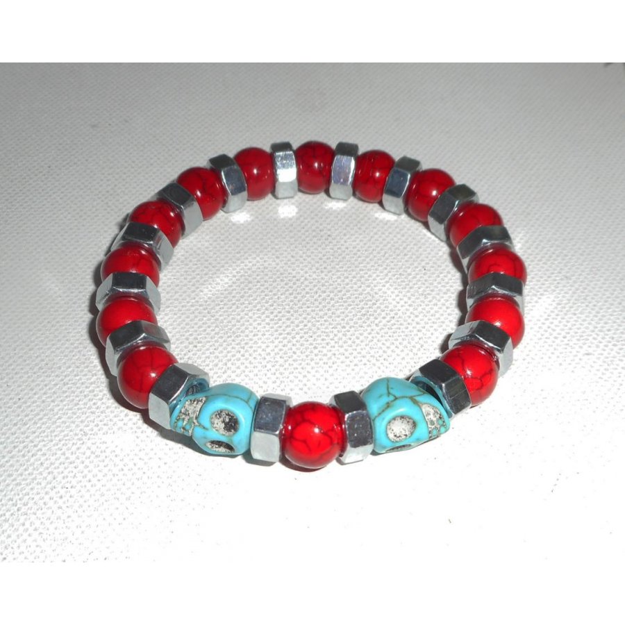 Bracelet en pierres de turquenite rouge et bleu avec tête de mort pour homme