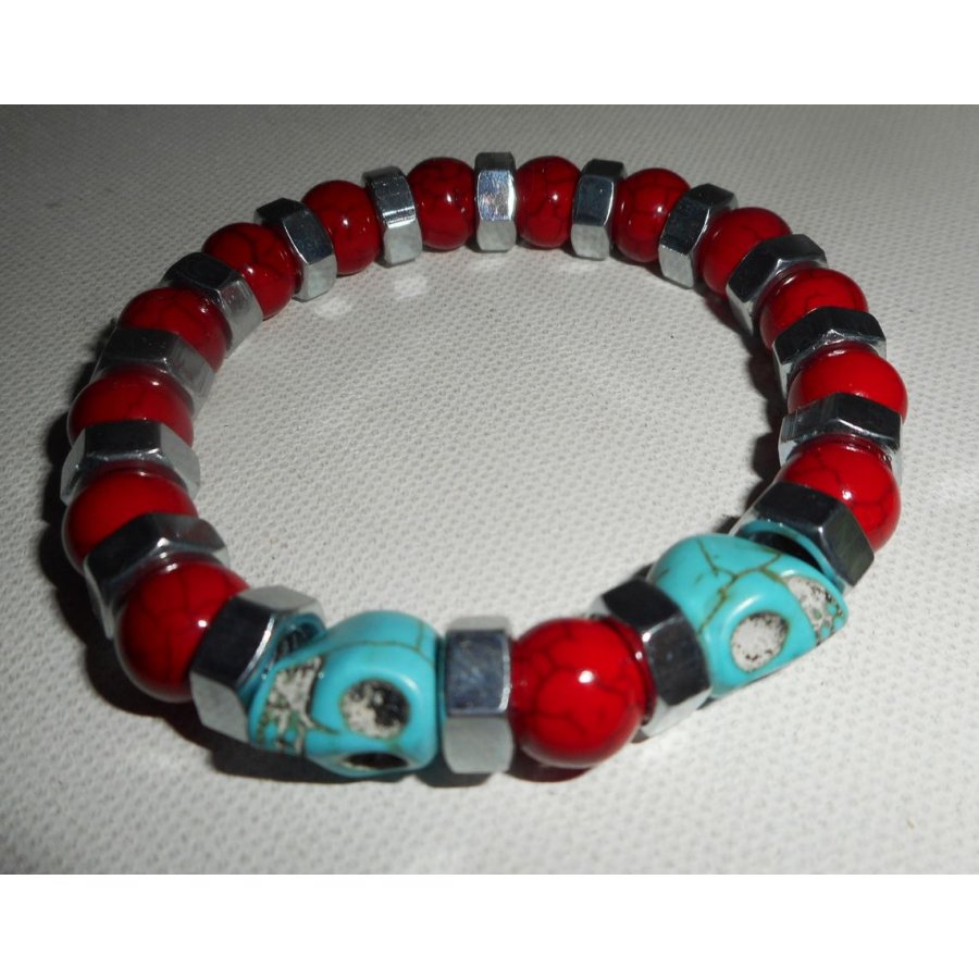 Bracelet en pierres de turquenite rouge et bleu avec tête de mort pour homme