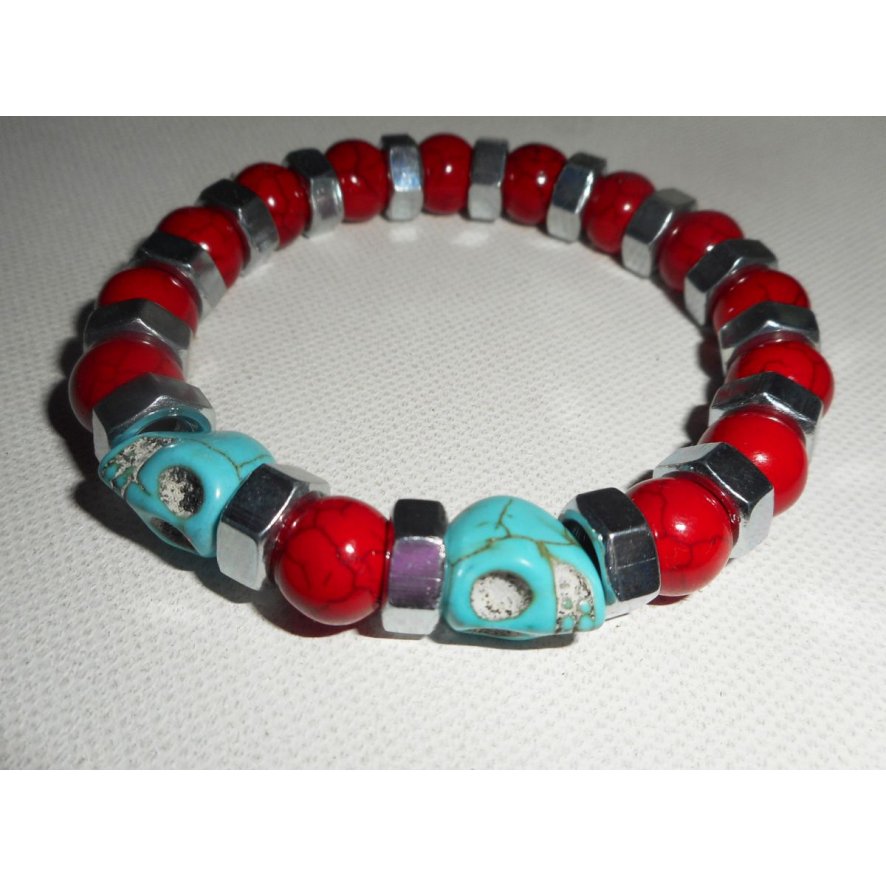 Bracelet en pierres de turquenite rouge et bleu avec tête de mort pour homme