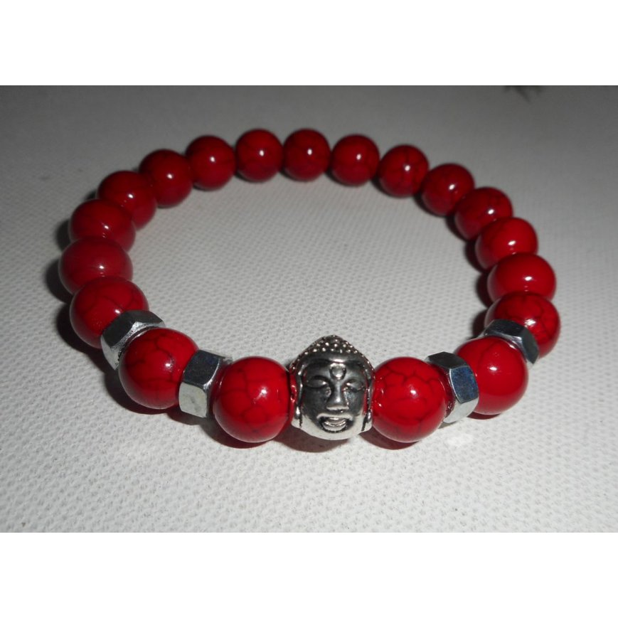 Bracelet en pierres de turquenite rouge et bouddha argent