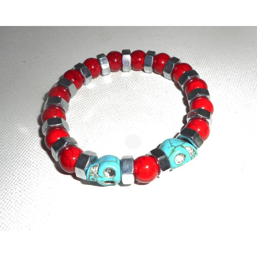 Bracelet en pierres de turquenite rouge et bleu avec tête de mort pour homme