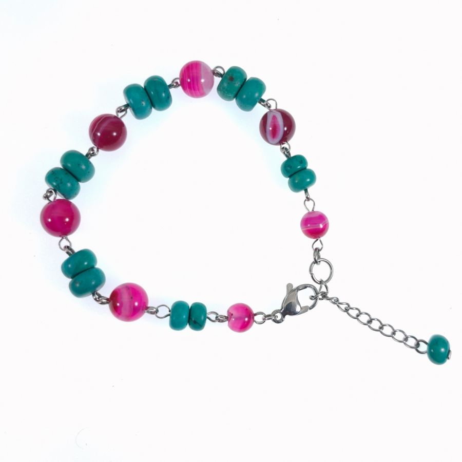 Bracelet en pierres de turquoise et agates rose fuchsia