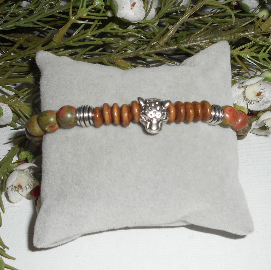 Bracelet pierres en unakite, bois avec tête de panthère