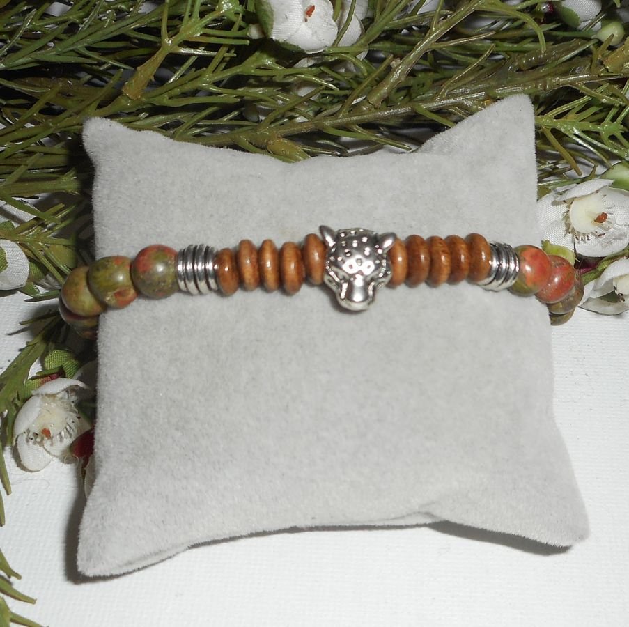 Bracelet pierres en unakite, bois avec tête de panthère
