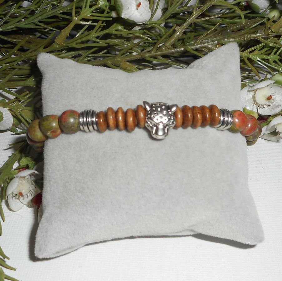 Bracelet pierres en unakite, bois avec tête de panthère