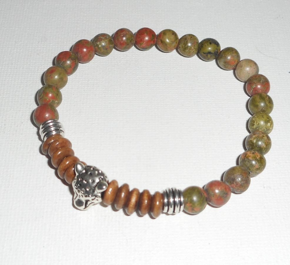 Bracelet pierres en unakite, bois avec tête de panthère