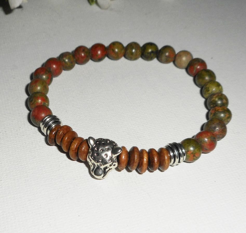 Bracelet pierres en unakite, bois avec tête de panthère