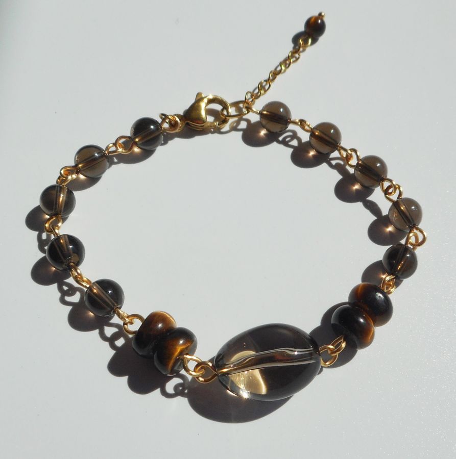 Bracelet en quartz fumé et oeil de tigre