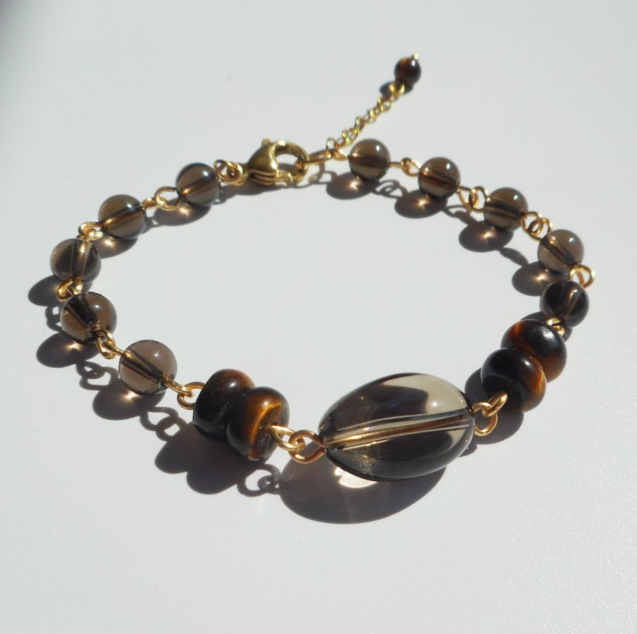 Bracelet en quartz fumé et oeil de tigre