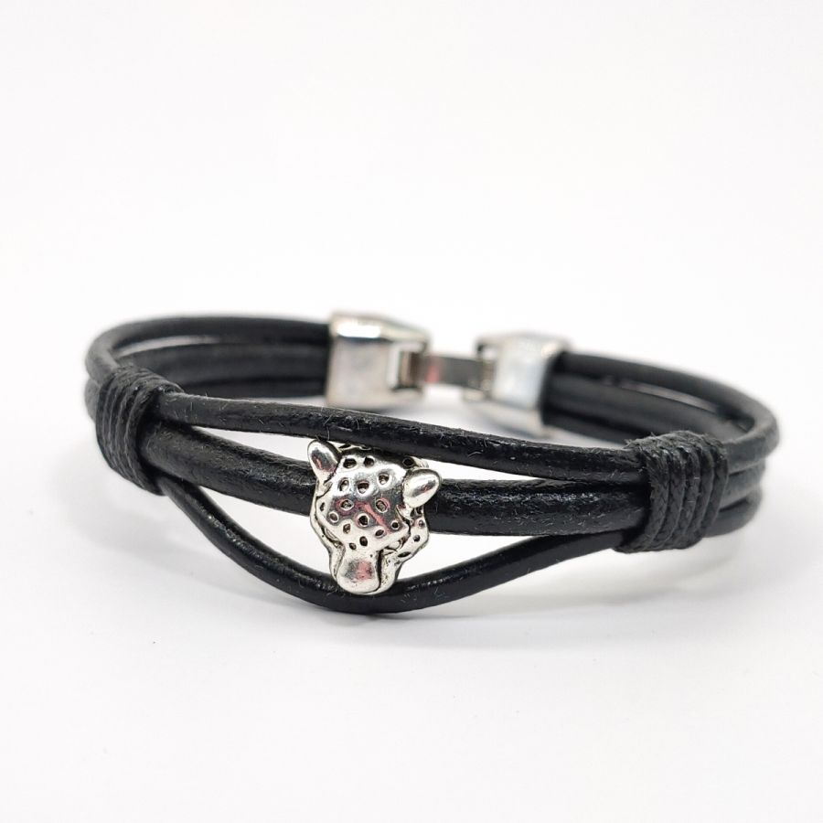 Bracelet tigre sur cordons de cuir noir