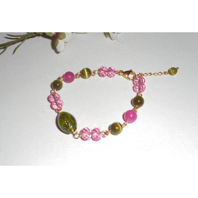 Bracelet en Verre de Murano et cristal rose et vert sur chaine en acier or