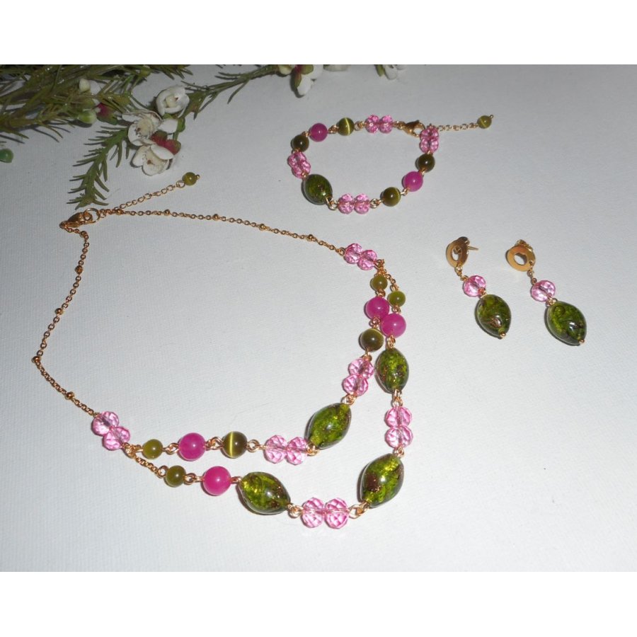 Bracelet en Verre de Murano et cristal rose et vert sur chaine en acier or
