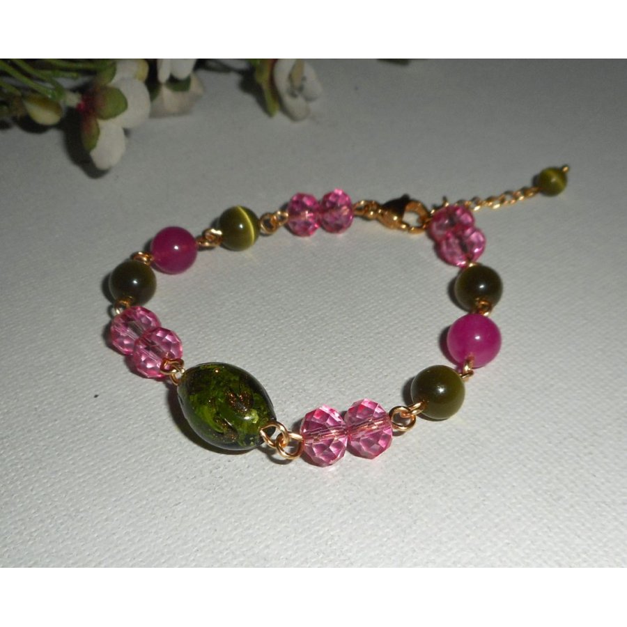 Bracelet en Verre de Murano et cristal rose et vert sur chaine en acier or