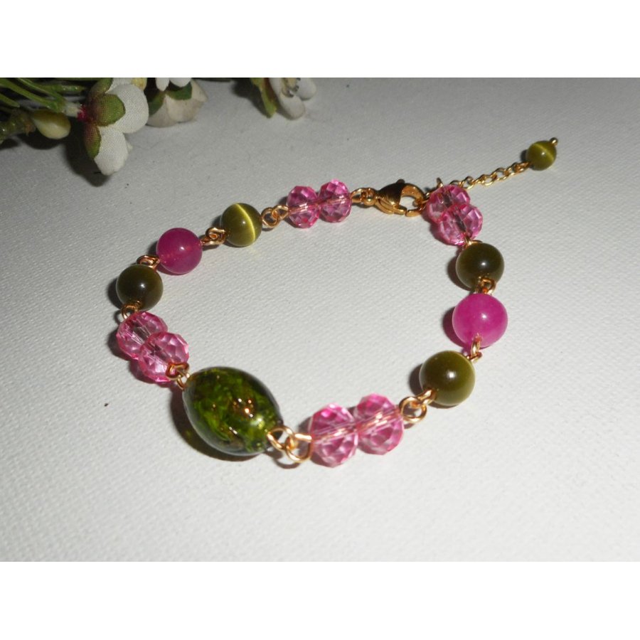 Bracelet en Verre de Murano et cristal rose et vert sur chaine en acier or