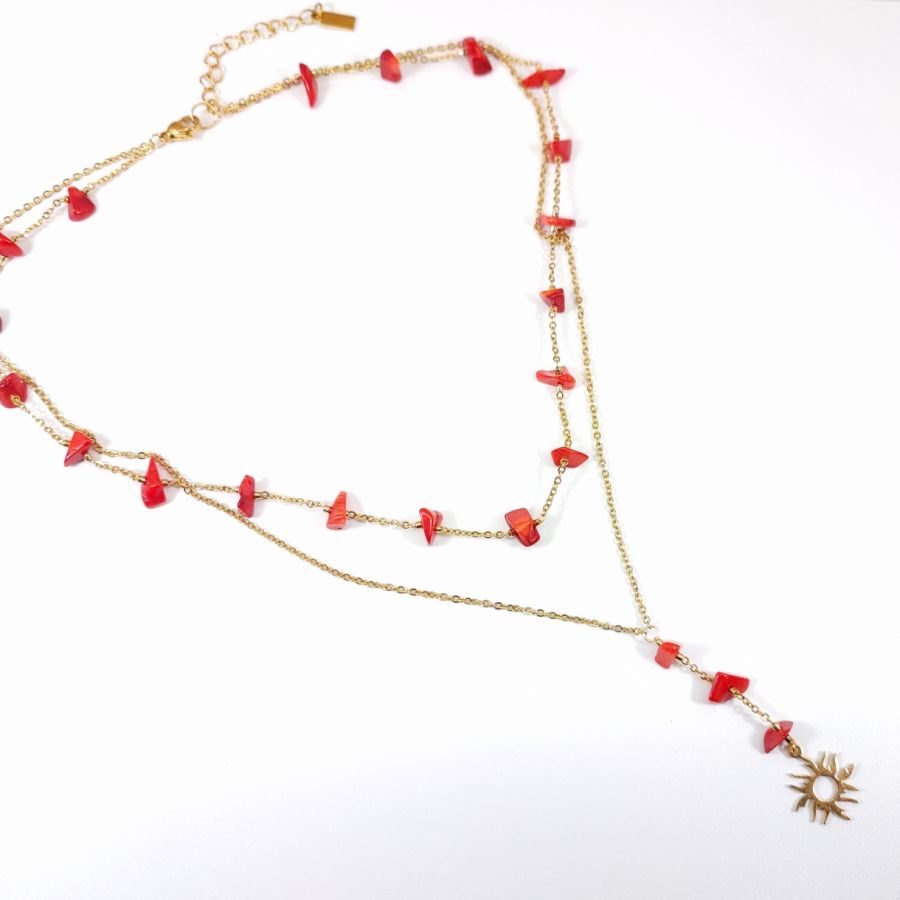 Collier double rangs en gorgone rouge avec soleil