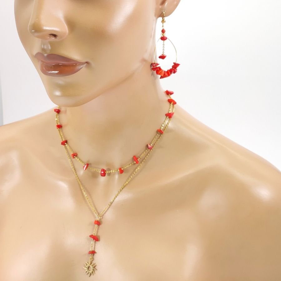 Collier double rangs en gorgone rouge avec soleil