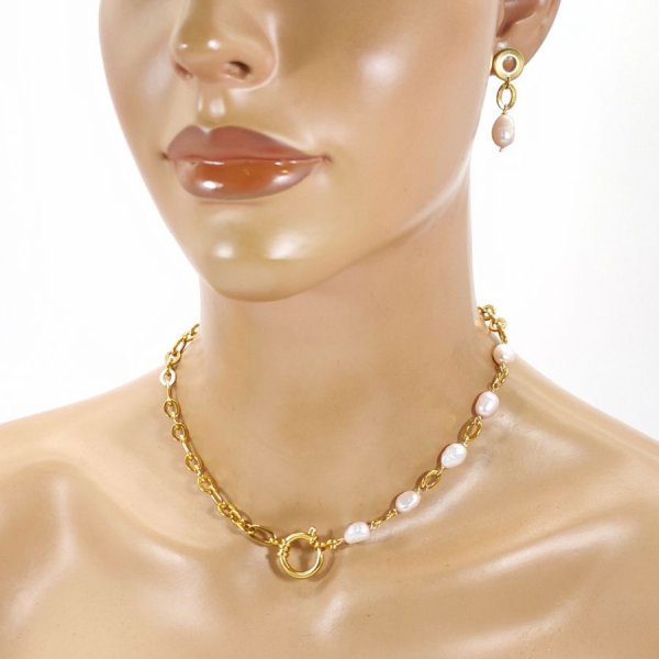  Parure Collier grosse chaine avec perles de culture baroque