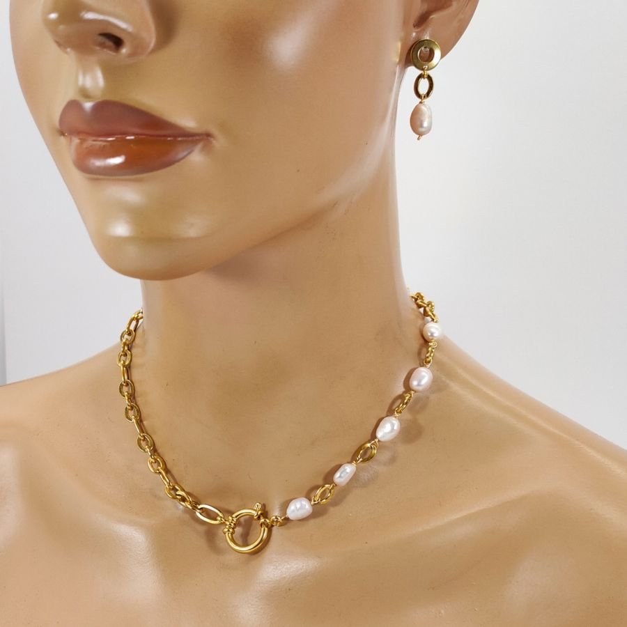  Parure Collier grosse chaine avec perles de culture baroque