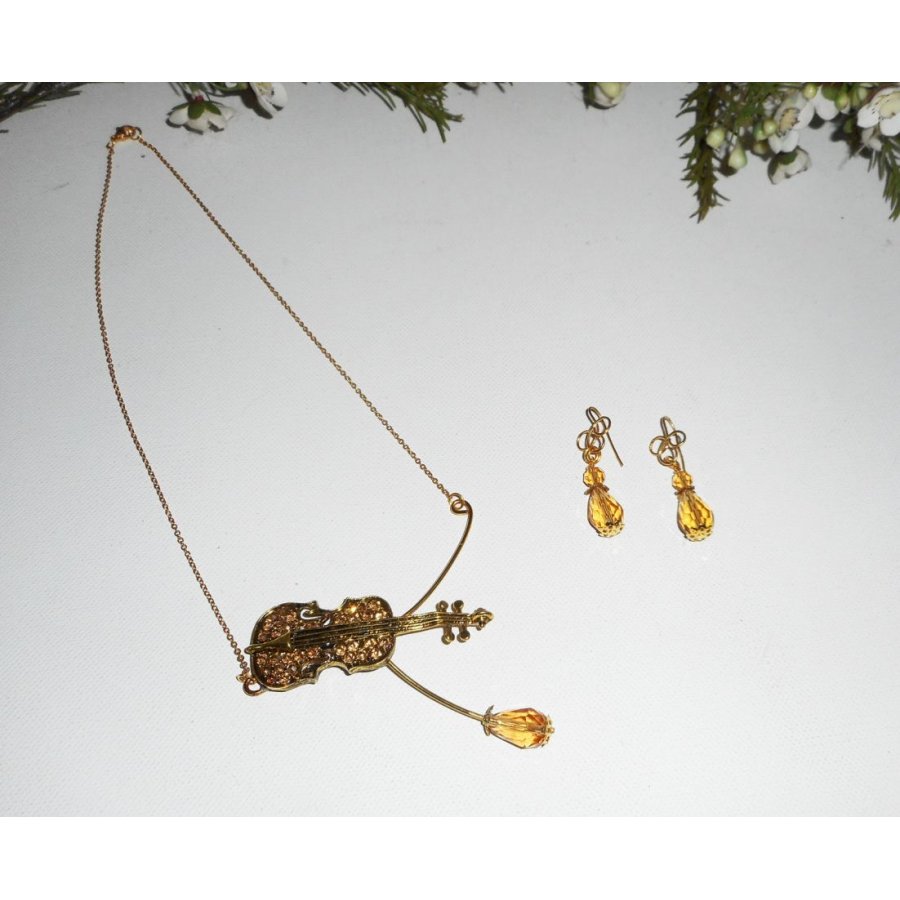 Parure Collier original violon en cristal ambre sur chaine doré
