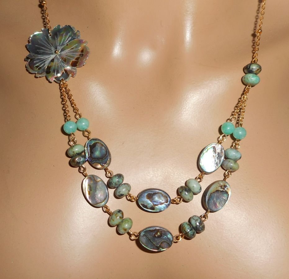 Parure Collier pierres de jaspe verte avec  fleurs et palets d'abalone double rangs