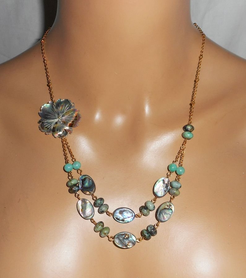 Collier pierres de jaspe verte avec  fleurs et palets d'abalone double rangs