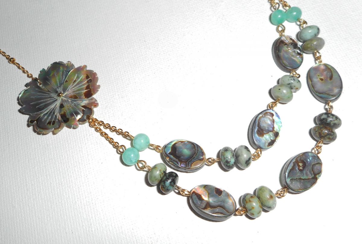 Parure Collier pierres de jaspe verte avec  fleurs et palets d'abalone double rangs