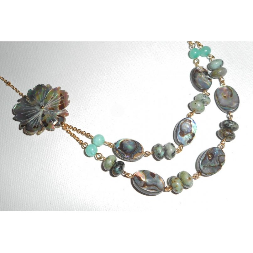 Collier pierres de jaspe verte avec  fleurs et palets d'abalone double rangs