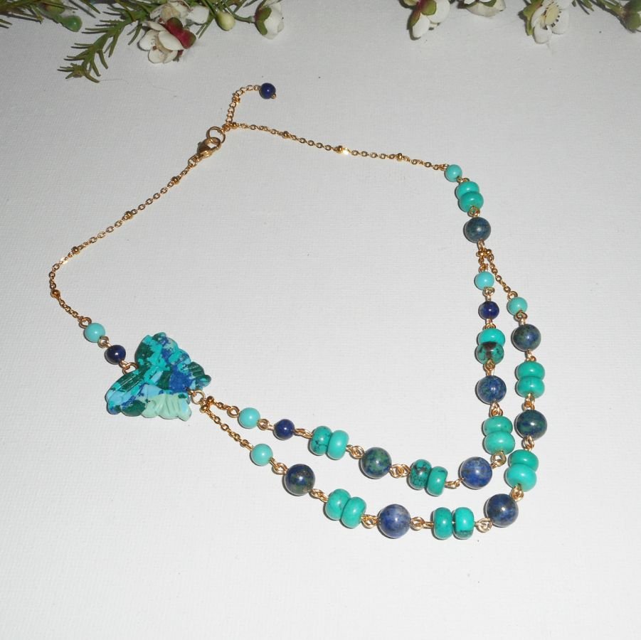  Collier pierres Lapis Lazzuli et Turquoise avec papillon