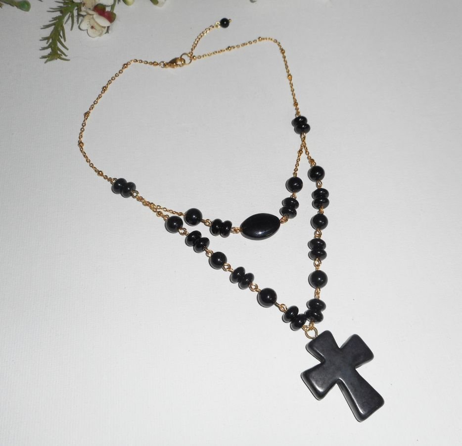 Collier pierres onyx avec grande croix double rangs