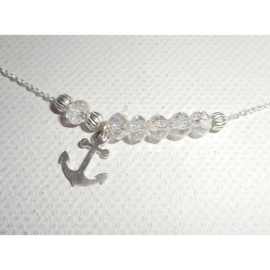 Collier ras de cou en argent 925 avec ancre et  perles en cristal