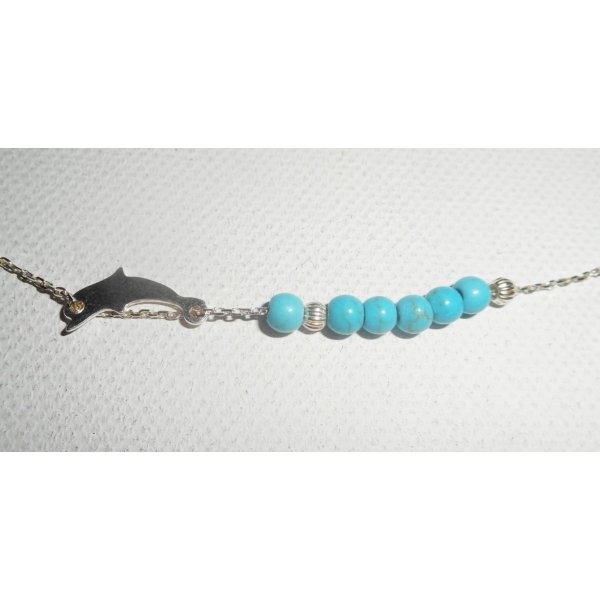 Collier ras de cou en argent 925 avec petit dauphin et pierres turquoise