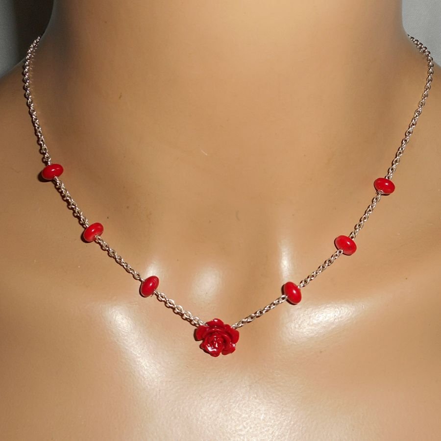 Collier rose rouge en gorgone et argent 925