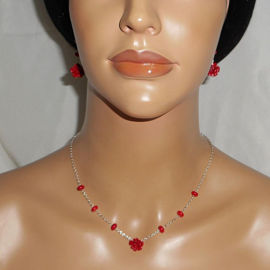 Collier rose rouge en gorgone et argent 925