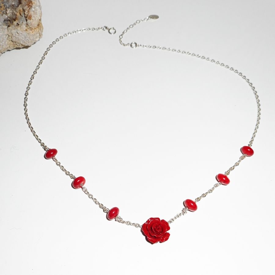 Collier rose rouge en gorgone et argent 925