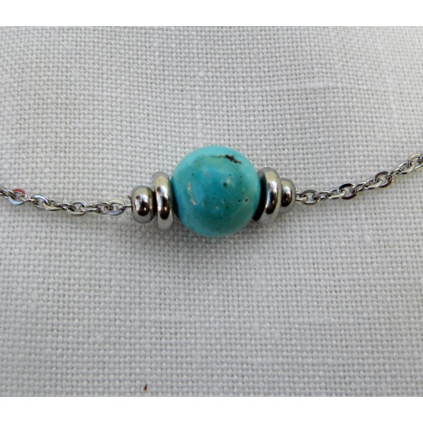 Collier solitaire avec pierre en amazonite bleu et perles en acier inoxydable