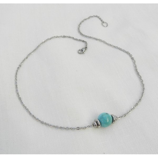 Collier solitaire avec pierre en amazonite bleu et perles en acier inoxydable