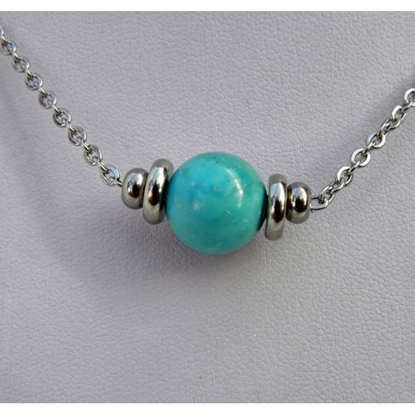 Collier solitaire avec pierre en amazonite bleu et perles en acier inoxydable
