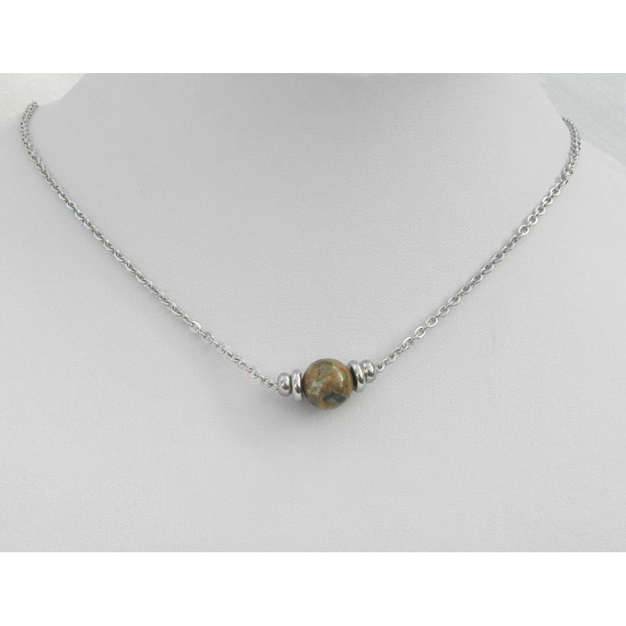 Collier solitaire avec pierre en jaspe ronde et perles en acier inoxydable